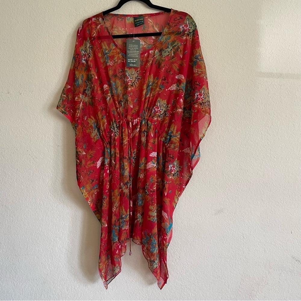 Sunflower woman's OS Floral Red Sheer Kaftan kimono leafy floral summer chic